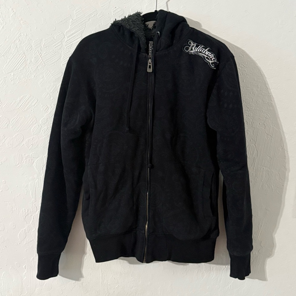 Y2K Billabong Jacket Men’s M Black Skull Paisley AOP Zip Script Sherpa Lined